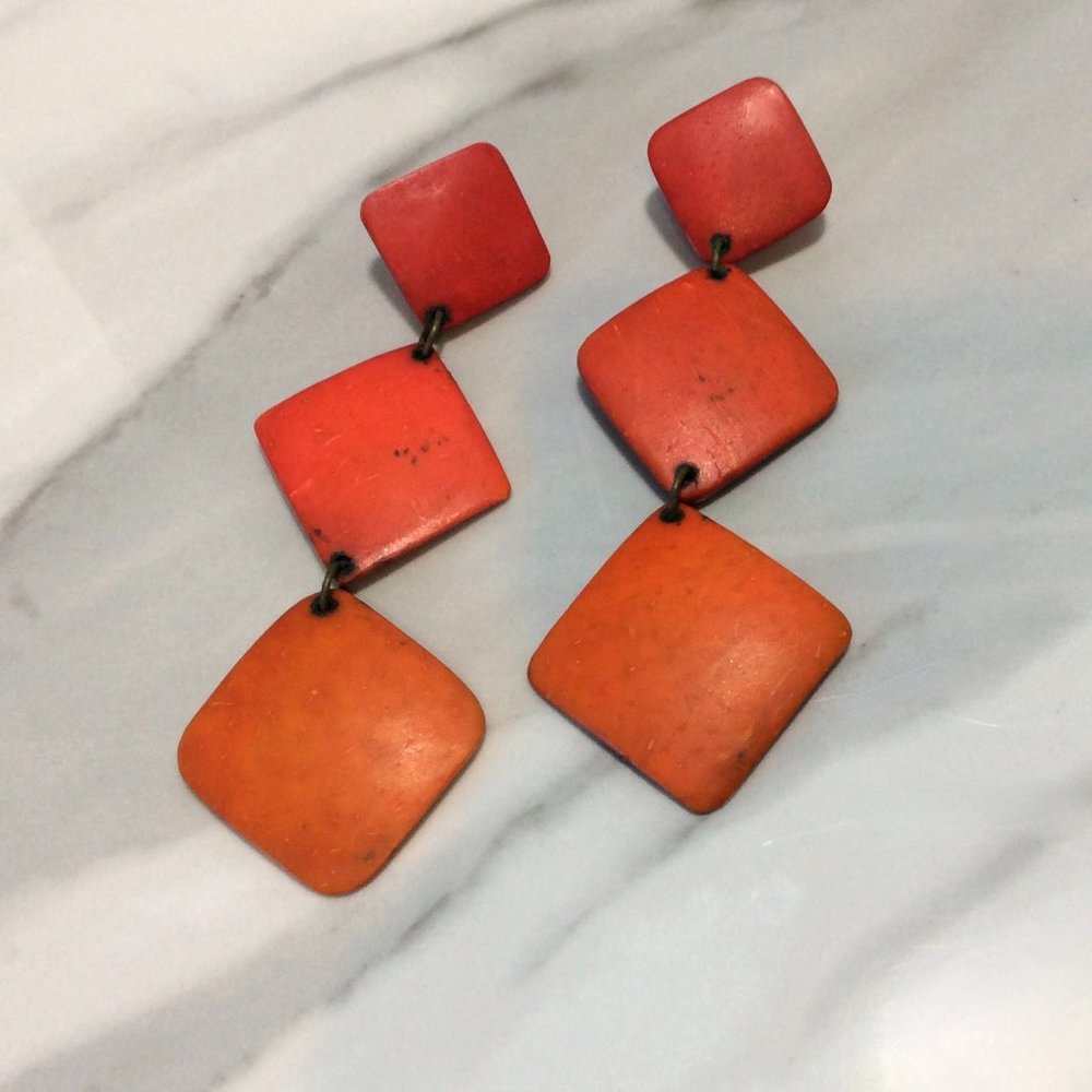 Triple Wood Orange Square Drop Dangle Earrings